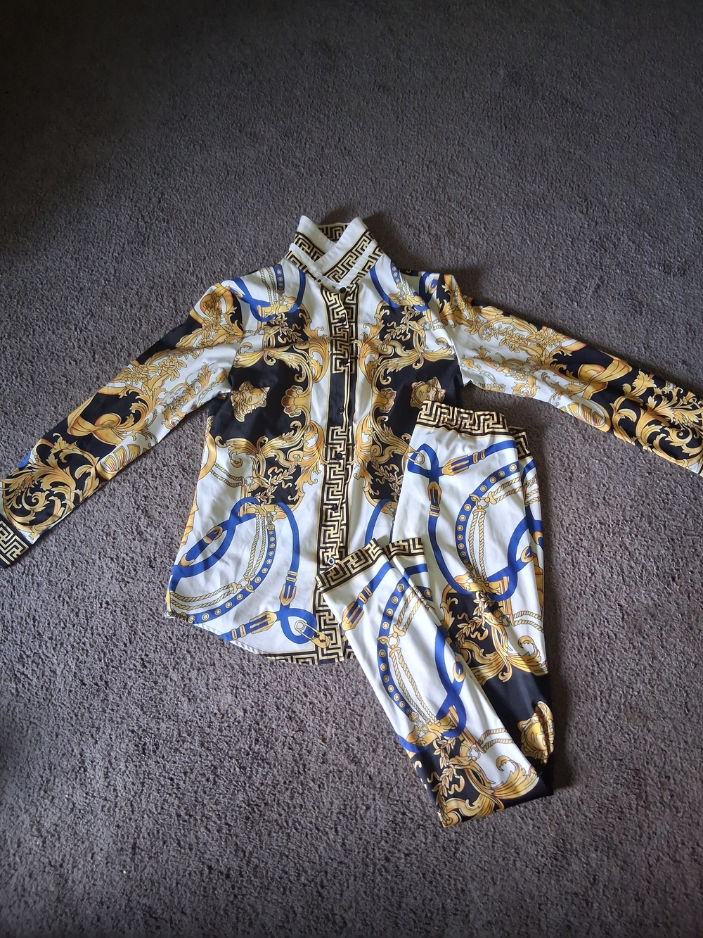 Kids Gold & Blue Baroque Print Pajama Set Size Small
